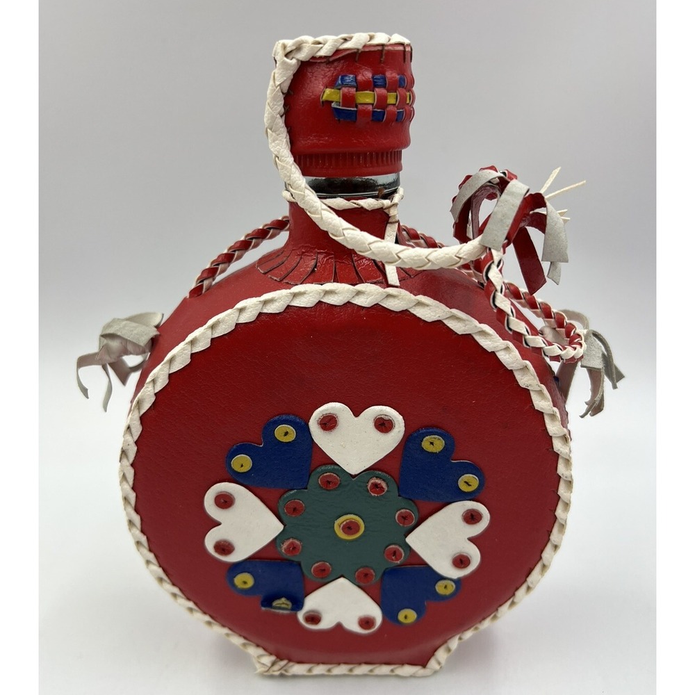Vintage Leather Wrapped Decanter Bottle Hearts Red Folk Art Braid Art - Picture 4 of 11